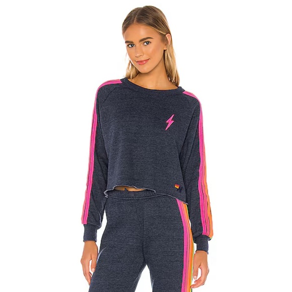 Aviator Nation Bolt Classic Cropped Crew Sweatshirt Heather Navy Neon